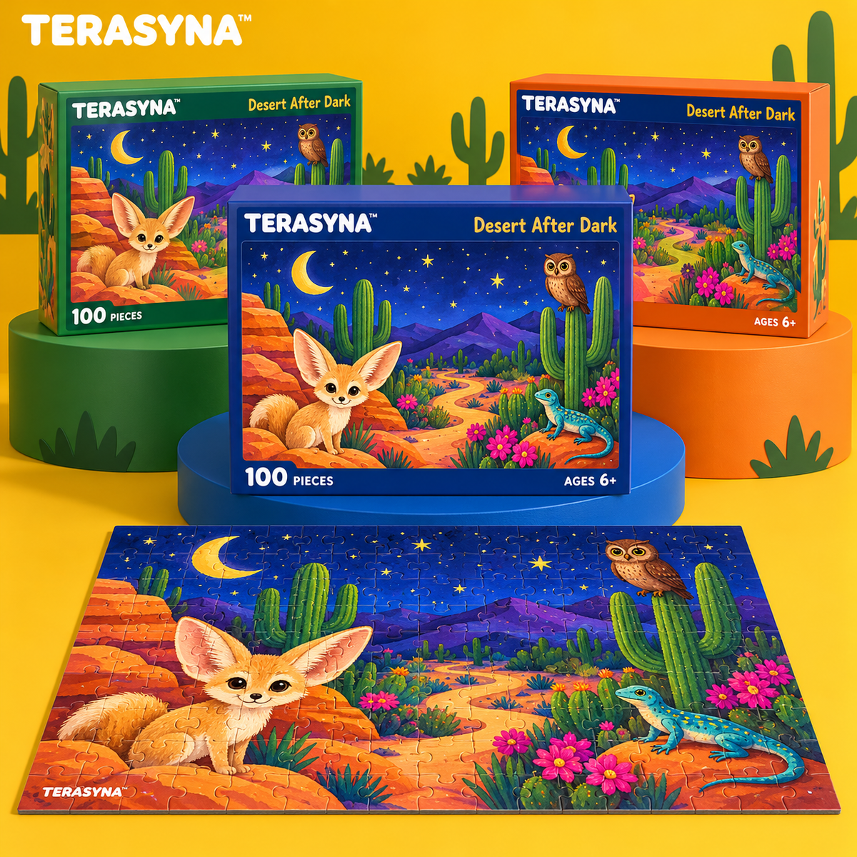 TERASYNA™ Desert After Dark Animal Jigsaw Puzzle for Kids — 100-Piece Night Desert Puzzle, Ages 6+, 18" × 12", with Poster & Search-and-Find Card
