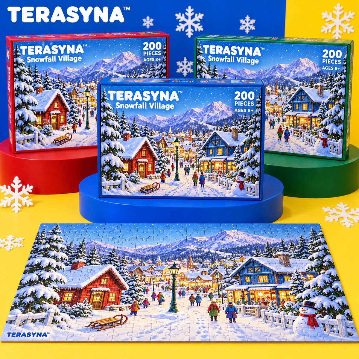 TERASYNA™ Snowfall Village Winter Jigsaw Puzzle for Kids — 200-Piece Mountain Town Puzzle, Ages 8+, 20" × 14", with Reference Poster & Story Card