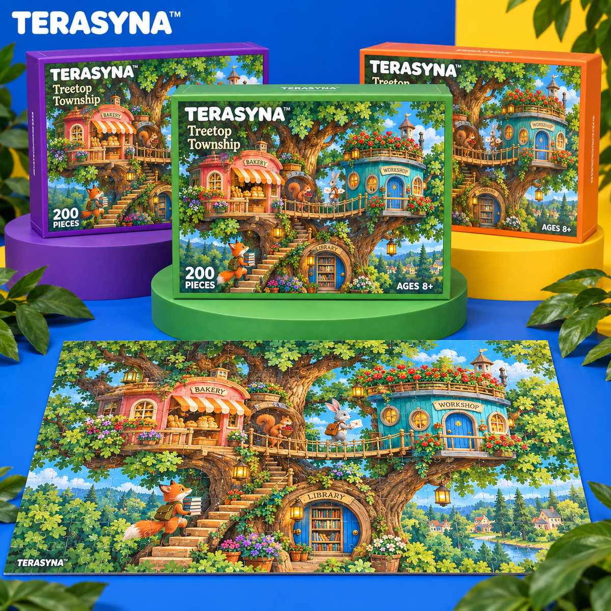 TERASYNA™ Treetop Township Treehouse Jigsaw Puzzle for Kids — 200-Piece Fantasy Village Puzzle, Ages 8+, 20" × 14", with Poster & Story Card