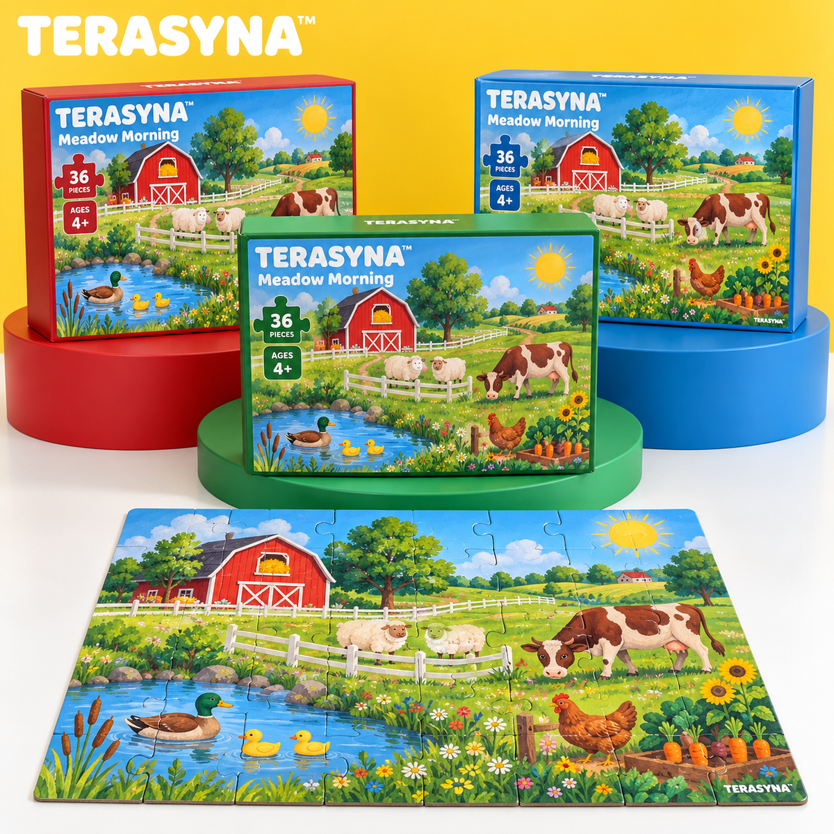 TERASYNA™ Meadow Morning Farm Animal Floor Puzzle for Kids — 36-Piece Jigsaw, Ages 4+, 24" × 18", with Reference Sheet & Storage Box