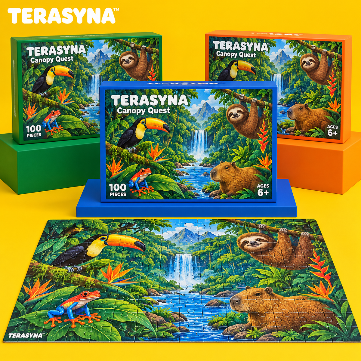 TERASYNA™ Canopy Quest Rainforest Jigsaw Puzzle for Kids Ages 6+ — 100-Piece Animal Puzzle, 18" × 12", with Reference Poster, Search-and-Find Card & Storage Box