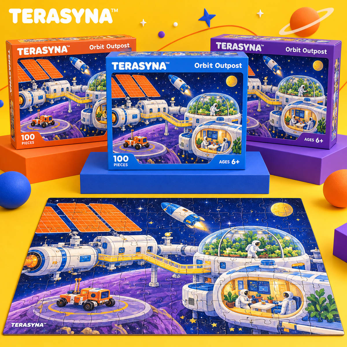 TERASYNA™ Orbit Outpost Space Jigsaw Puzzle for Kids — 100-Piece Rocket & Space Station Puzzle, Ages 6+, 18" × 12", with Poster & Activity Card