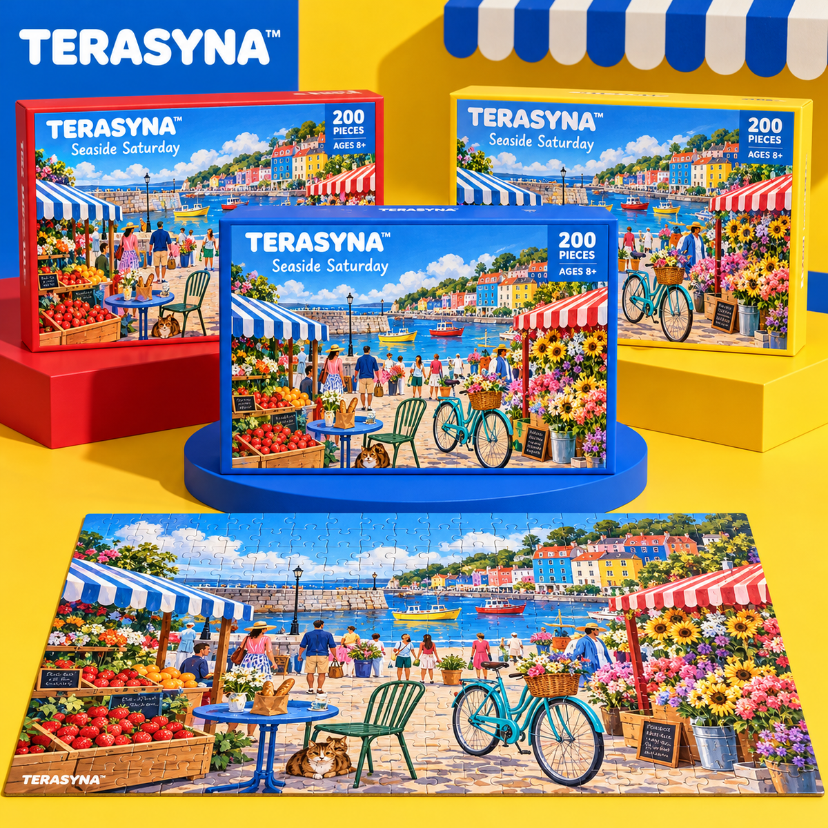 TERASYNA™ Seaside Saturday Market Jigsaw Puzzle for Kids — 200-Piece Coastal Town Puzzle, Ages 8+, 20" × 14", with Poster & Story Card