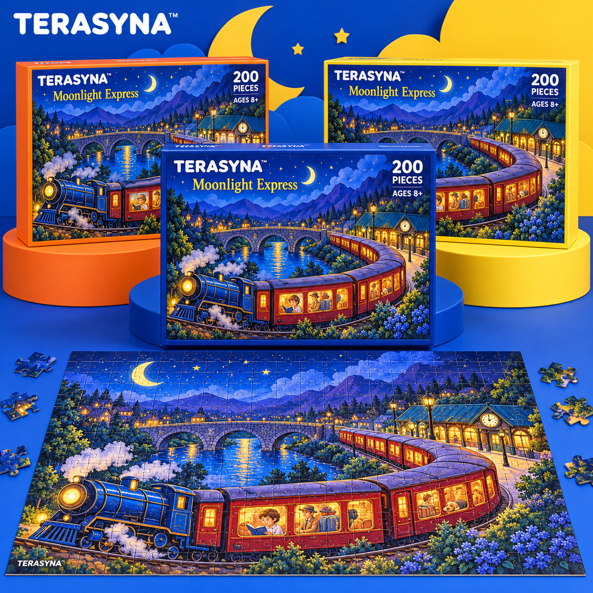 TERASYNA™ Moonlight Express Train Jigsaw Puzzle for Kids — 200 Pieces, Ages 8+, 20" × 14", with Reference Poster, Story Card & Storage Box