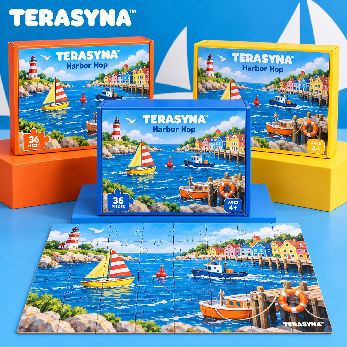TERASYNA™ Harbor Hop Boat & Seaside Floor Puzzle for Kids — 36 Large Pieces, Ages 4+, 24" × 18" Jigsaw with Picture Guide & Box