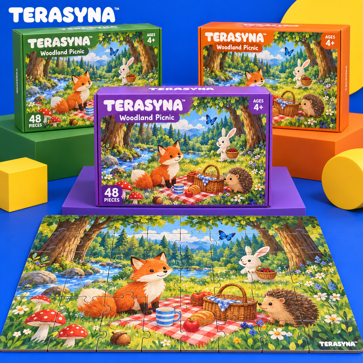 TERASYNA™ Woodland Picnic Forest Animal Floor Puzzle — 48-Piece Kids’ Jigsaw, Ages 4+, 24" × 18", with Search-and-Find Guide & Storage Box