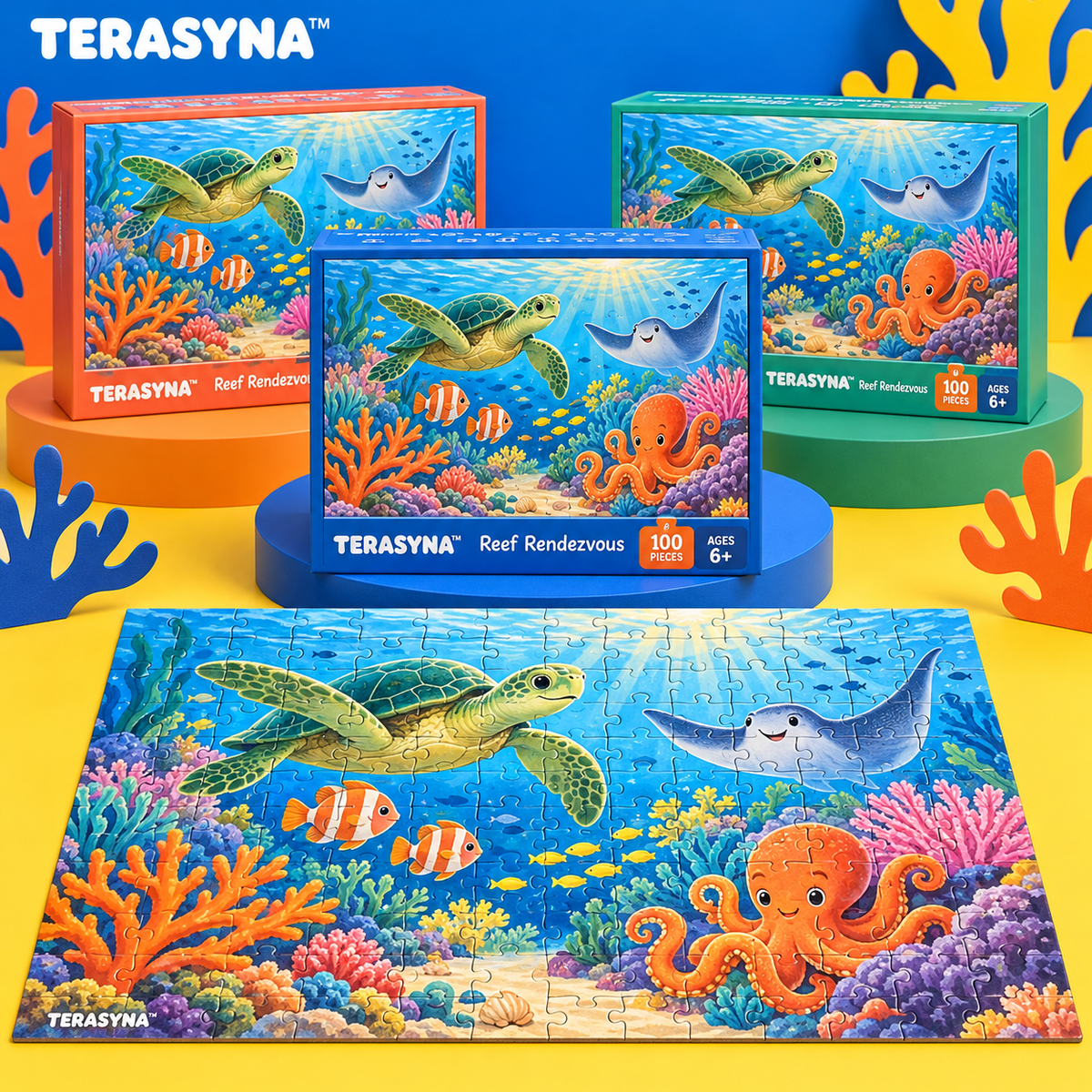 TERASYNA™ Reef Rendezvous Ocean Animal Jigsaw Puzzle for Kids — 100 Pieces, Ages 6+, 18" × 12", with Sea Life Poster & Search-and-Find Card