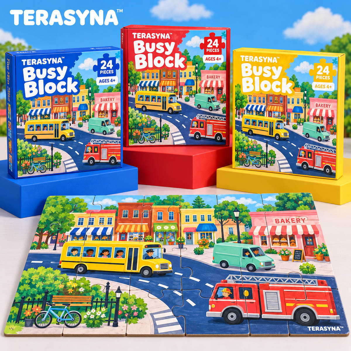 TERASYNA™ Busy Block Kids’ City Floor Puzzle — 24 Large-Piece Vehicle Jigsaw, Ages 4+, 24" × 18", with Picture Guide & Storage Box
