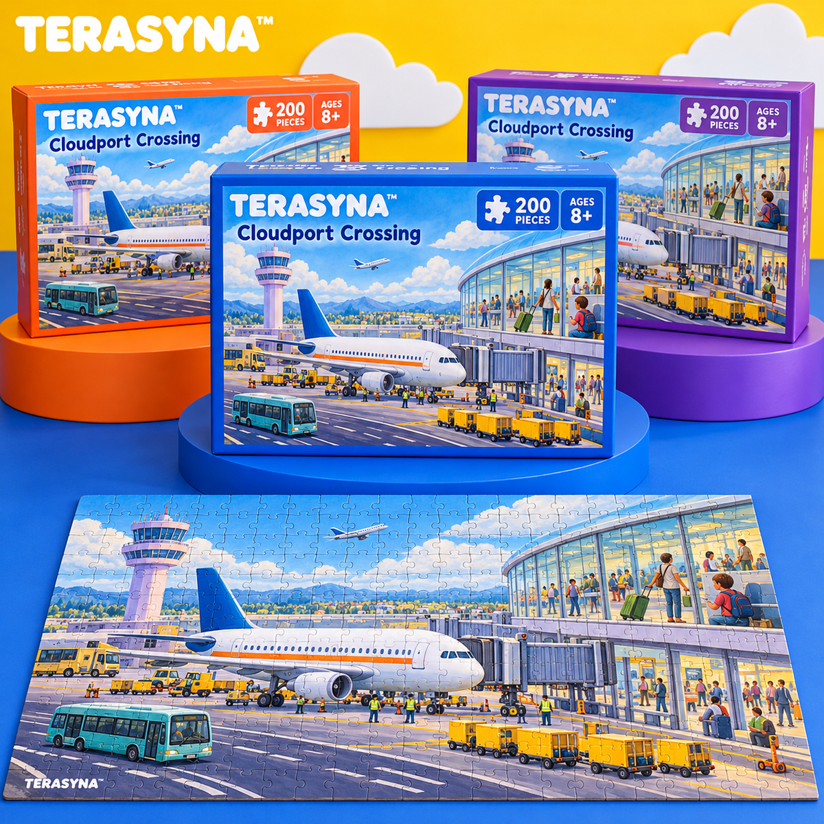 TERASYNA™ Cloudport Crossing Airplane & Airport Puzzle for Kids — 200-Piece Jigsaw, Ages 8+, 20" × 14", with Reference Poster & Story Card