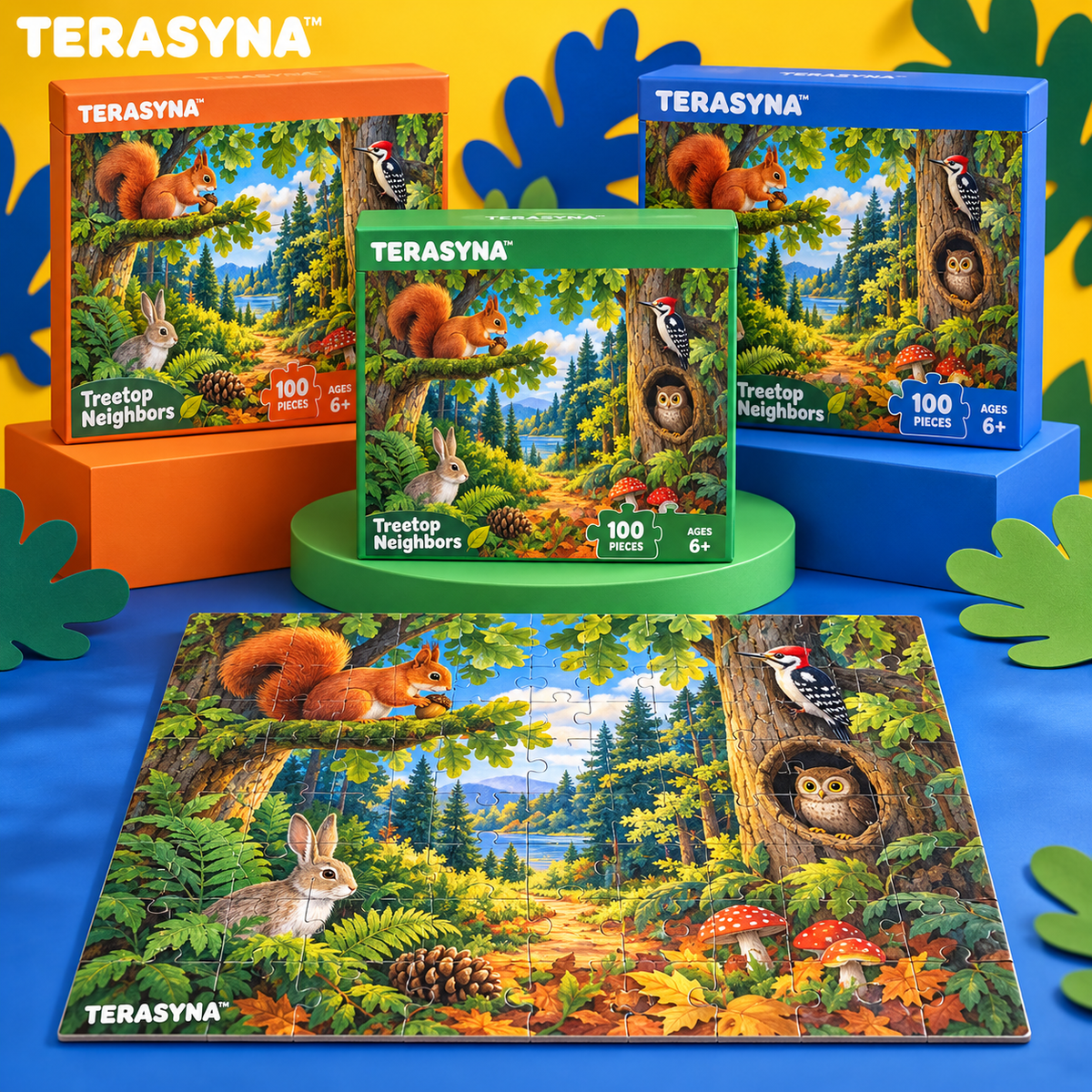 TERASYNA™ Treetop Neighbors Woodland Animal Puzzle for Kids — 100-Piece Forest Jigsaw, Ages 6+, 18" × 12", with Reference Poster & Activity Card