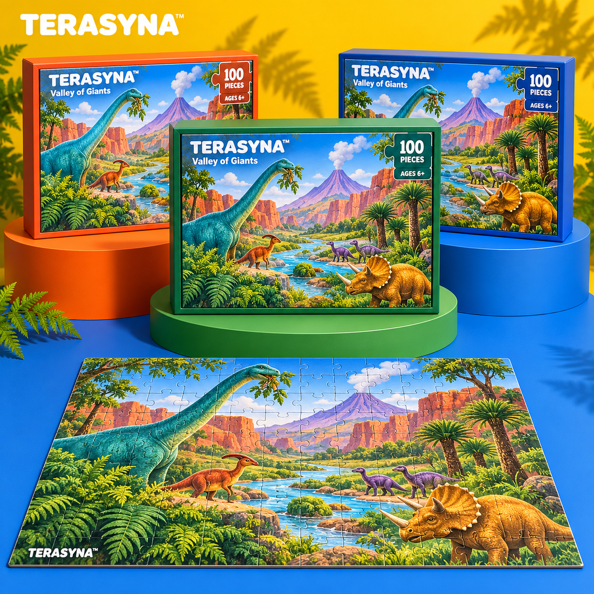 TERASYNA™ Valley of Giants Dinosaur Jigsaw Puzzle for Kids — 100 Pieces, Ages 6+, 18" × 12", with Dinosaur Reference Poster & Search-and-Find Card
