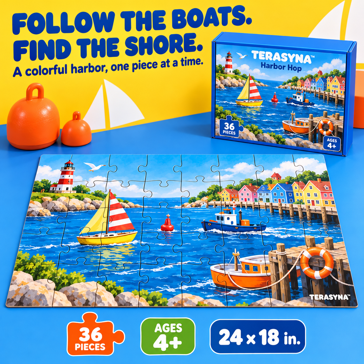 TERASYNA™ Harbor Hop Boat & Seaside Floor Puzzle for Kids — 36 Large Pieces, Ages 4+, 24" × 18" Jigsaw with Picture Guide & Box