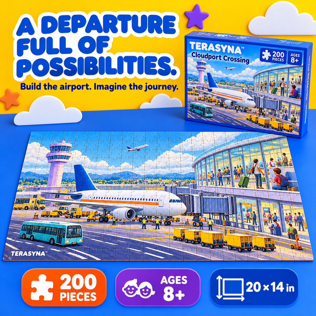 TERASYNA™ Cloudport Crossing Airplane & Airport Puzzle for Kids — 200-Piece Jigsaw, Ages 8+, 20" × 14", with Reference Poster & Story Card