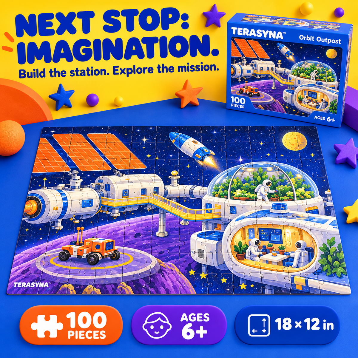 TERASYNA™ Orbit Outpost Space Jigsaw Puzzle for Kids — 100-Piece Rocket & Space Station Puzzle, Ages 6+, 18" × 12", with Poster & Activity Card