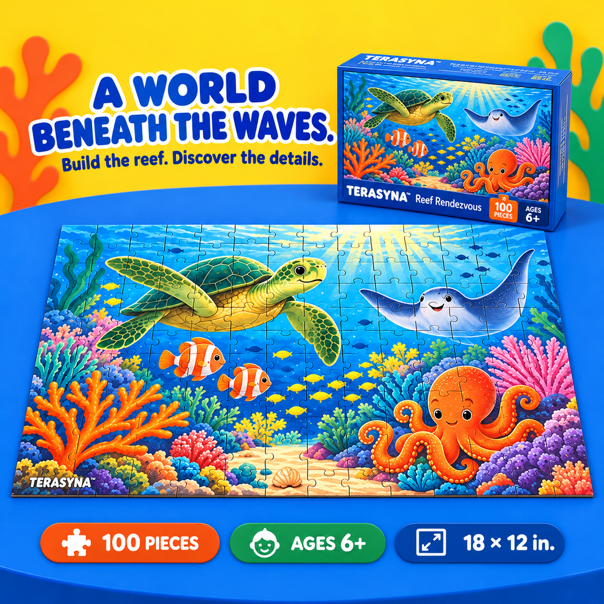 TERASYNA™ Reef Rendezvous Ocean Animal Jigsaw Puzzle for Kids — 100 Pieces, Ages 6+, 18" × 12", with Sea Life Poster & Search-and-Find Card