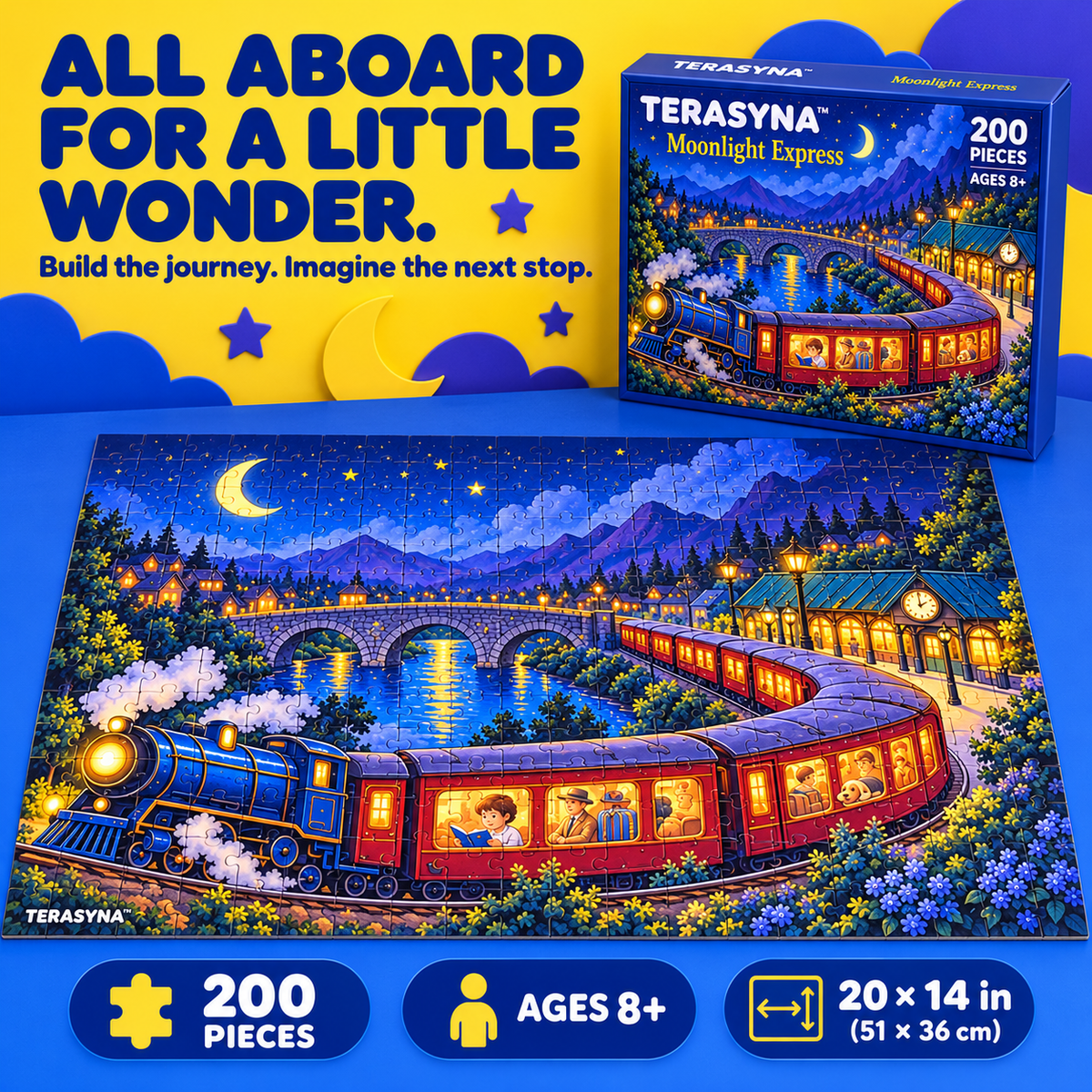 TERASYNA™ Moonlight Express Train Jigsaw Puzzle for Kids — 200 Pieces, Ages 8+, 20" × 14", with Reference Poster, Story Card & Storage Box
