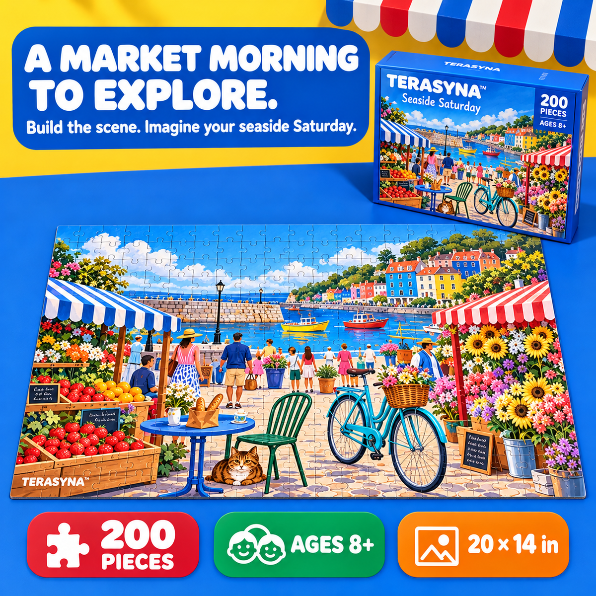 TERASYNA™ Seaside Saturday Market Jigsaw Puzzle for Kids — 200-Piece Coastal Town Puzzle, Ages 8+, 20" × 14", with Poster & Story Card