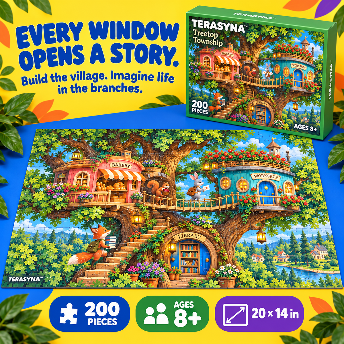 TERASYNA™ Treetop Township Treehouse Jigsaw Puzzle for Kids — 200-Piece Fantasy Village Puzzle, Ages 8+, 20" × 14", with Poster & Story Card