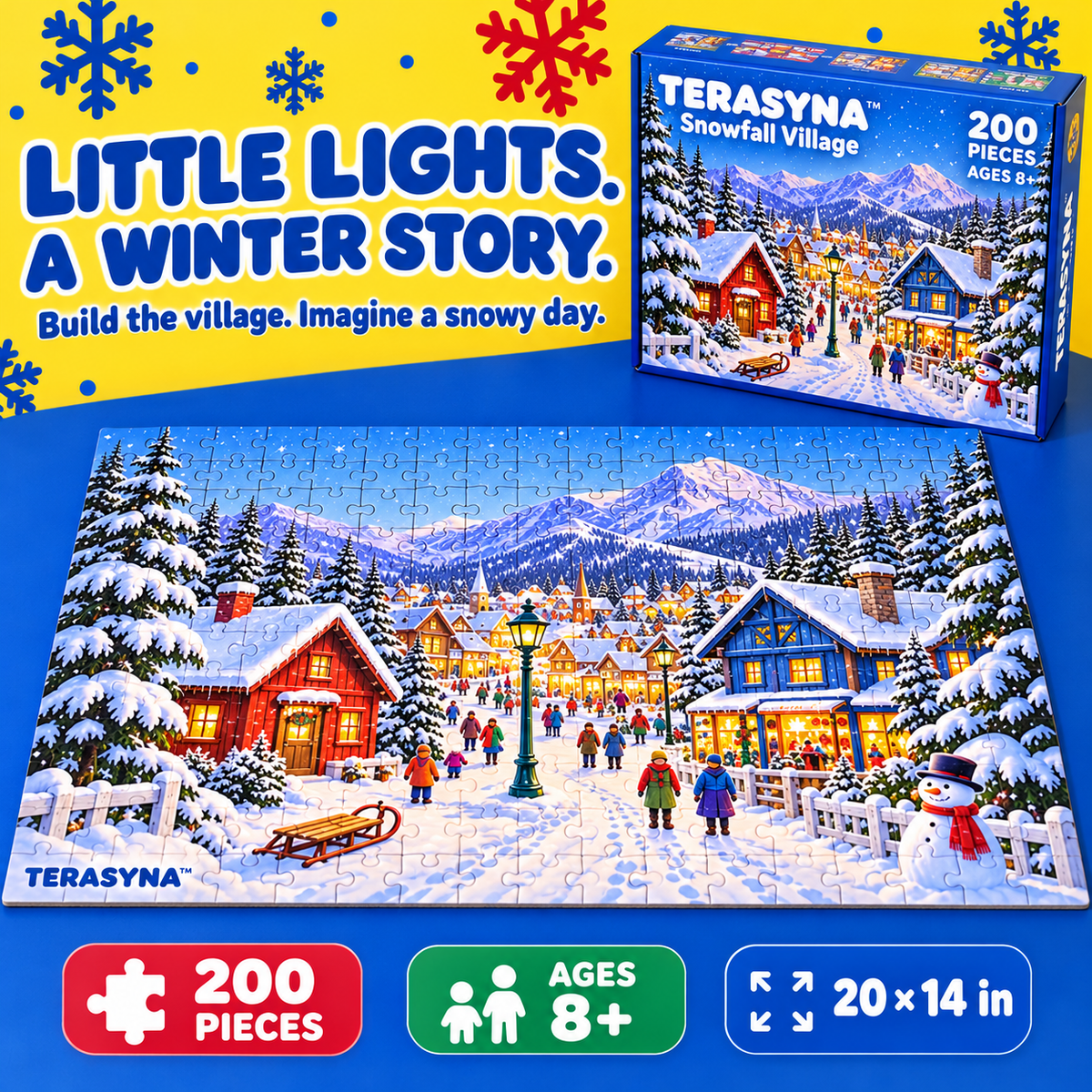 TERASYNA™ Snowfall Village Winter Jigsaw Puzzle for Kids — 200-Piece Mountain Town Puzzle, Ages 8+, 20" × 14", with Reference Poster & Story Card