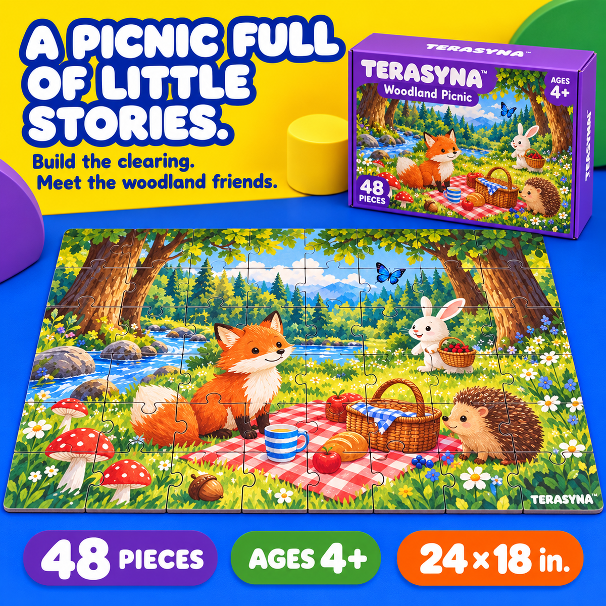 TERASYNA™ Woodland Picnic Forest Animal Floor Puzzle — 48-Piece Kids’ Jigsaw, Ages 4+, 24" × 18", with Search-and-Find Guide & Storage Box
