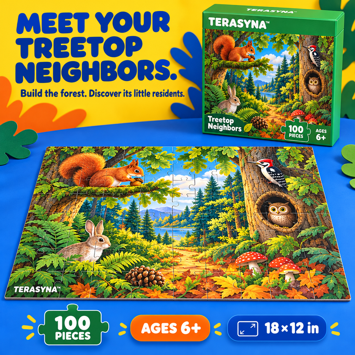 TERASYNA™ Treetop Neighbors Woodland Animal Puzzle for Kids — 100-Piece Forest Jigsaw, Ages 6+, 18" × 12", with Reference Poster & Activity Card
