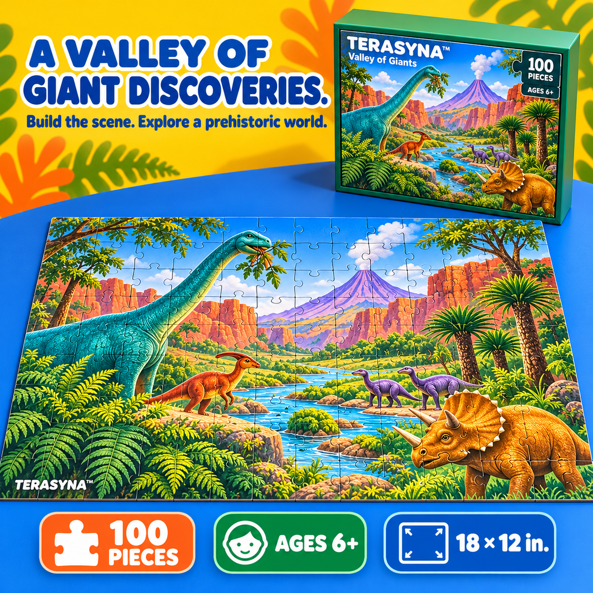 TERASYNA™ Valley of Giants Dinosaur Jigsaw Puzzle for Kids — 100 Pieces, Ages 6+, 18" × 12", with Dinosaur Reference Poster & Search-and-Find Card
