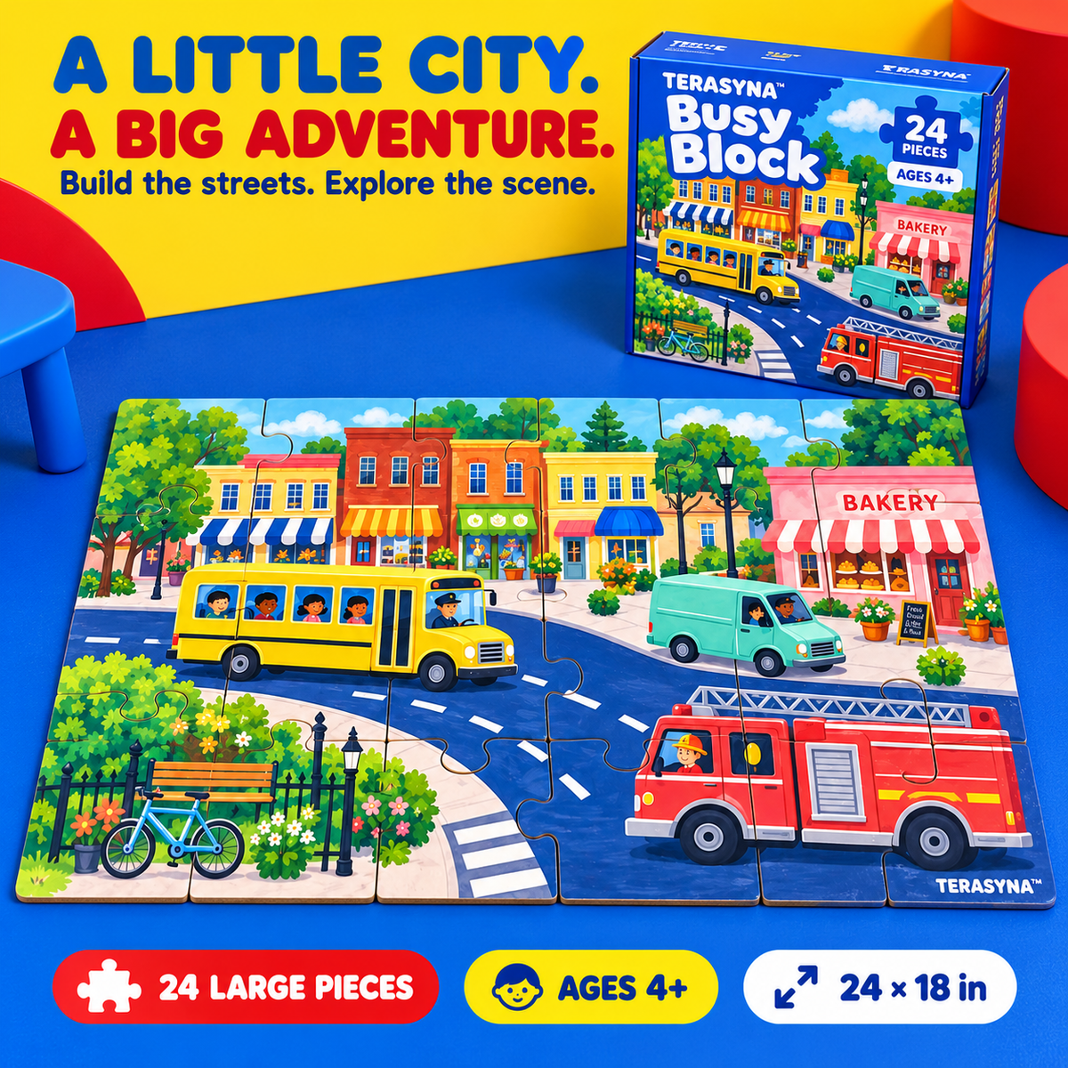 TERASYNA™ Busy Block Kids’ City Floor Puzzle — 24 Large-Piece Vehicle Jigsaw, Ages 4+, 24" × 18", with Picture Guide & Storage Box