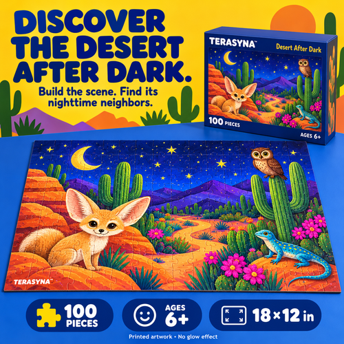 TERASYNA™ Desert After Dark Animal Jigsaw Puzzle for Kids — 100-Piece Night Desert Puzzle, Ages 6+, 18" × 12", with Poster & Search-and-Find Card