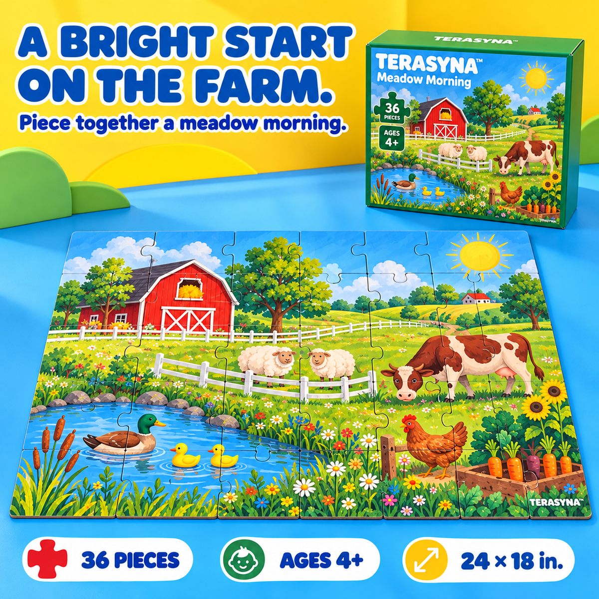 TERASYNA™ Meadow Morning Farm Animal Floor Puzzle for Kids — 36-Piece Jigsaw, Ages 4+, 24" × 18", with Reference Sheet & Storage Box