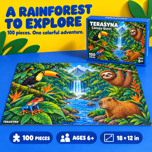 TERASYNA™ Canopy Quest Rainforest Jigsaw Puzzle for Kids Ages 6+ — 100-Piece Animal Puzzle, 18" × 12", with Reference Poster, Search-and-Find Card & Storage Box