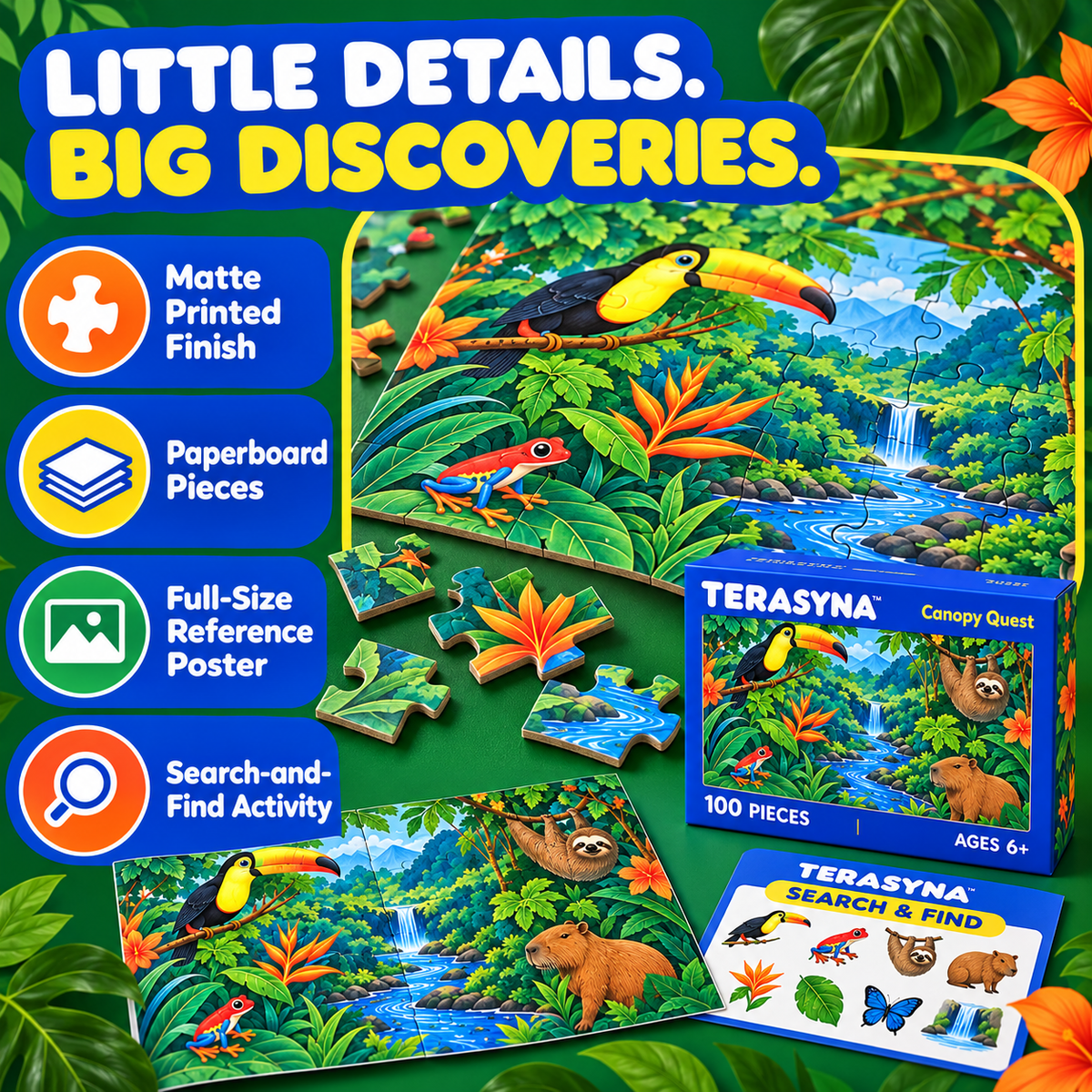 TERASYNA™ Garden Parade Kids’ Floor Jigsaw Puzzle — 24 Large Pieces, Ages 4+, 24" × 18" Garden Animal Puzzle with Reference Sheet & Storage Box