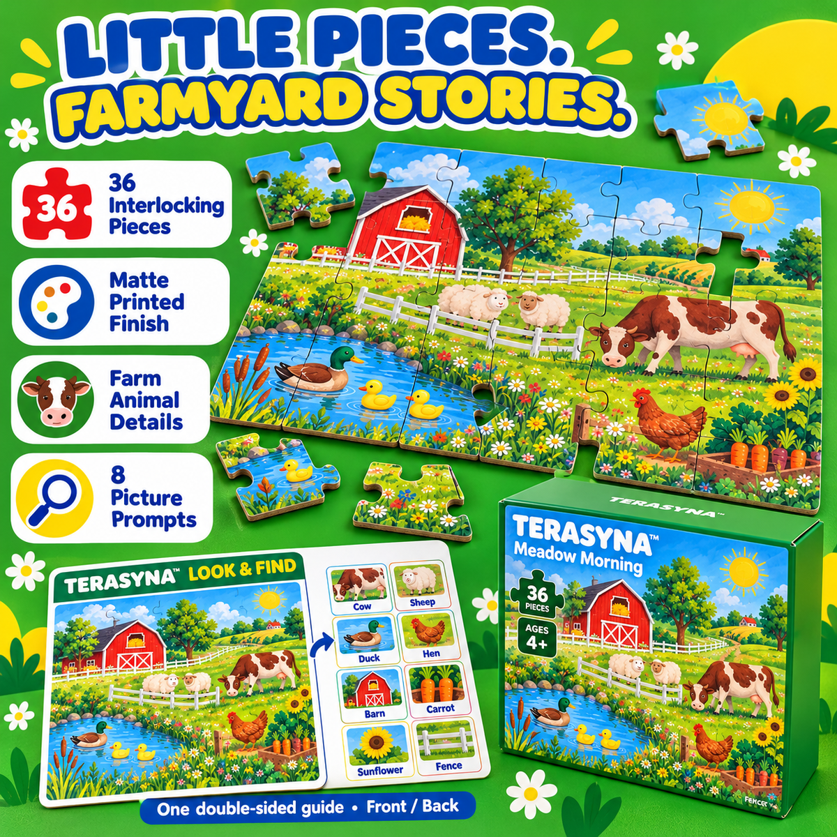 TERASYNA™ Meadow Morning Farm Animal Floor Puzzle for Kids — 36-Piece Jigsaw, Ages 4+, 24" × 18", with Reference Sheet & Storage Box