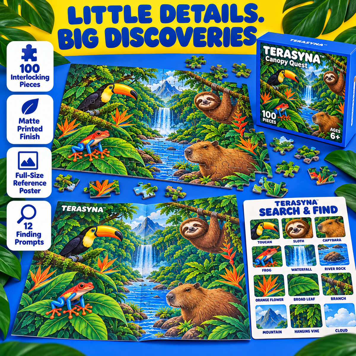 TERASYNA™ Canopy Quest Rainforest Jigsaw Puzzle for Kids Ages 6+ — 100-Piece Animal Puzzle, 18" × 12", with Reference Poster, Search-and-Find Card & Storage Box