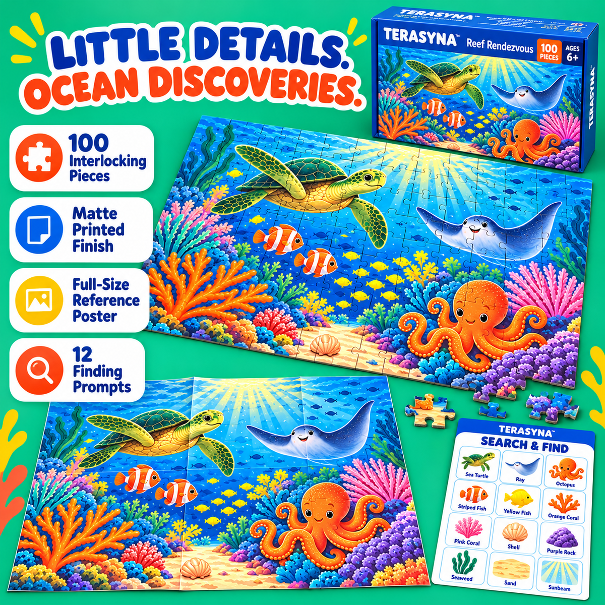 TERASYNA™ Reef Rendezvous Ocean Animal Jigsaw Puzzle for Kids — 100 Pieces, Ages 6+, 18" × 12", with Sea Life Poster & Search-and-Find Card