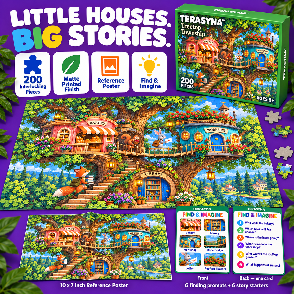 TERASYNA™ Treetop Township Treehouse Jigsaw Puzzle for Kids — 200-Piece Fantasy Village Puzzle, Ages 8+, 20" × 14", with Poster & Story Card