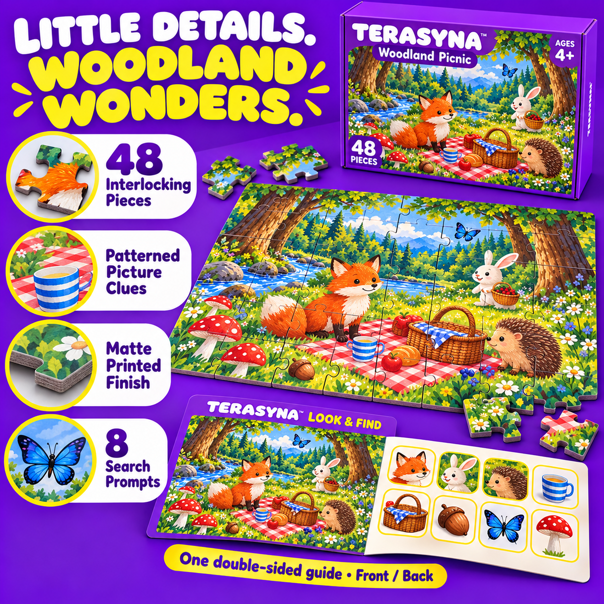 TERASYNA™ Woodland Picnic Forest Animal Floor Puzzle — 48-Piece Kids’ Jigsaw, Ages 4+, 24" × 18", with Search-and-Find Guide & Storage Box