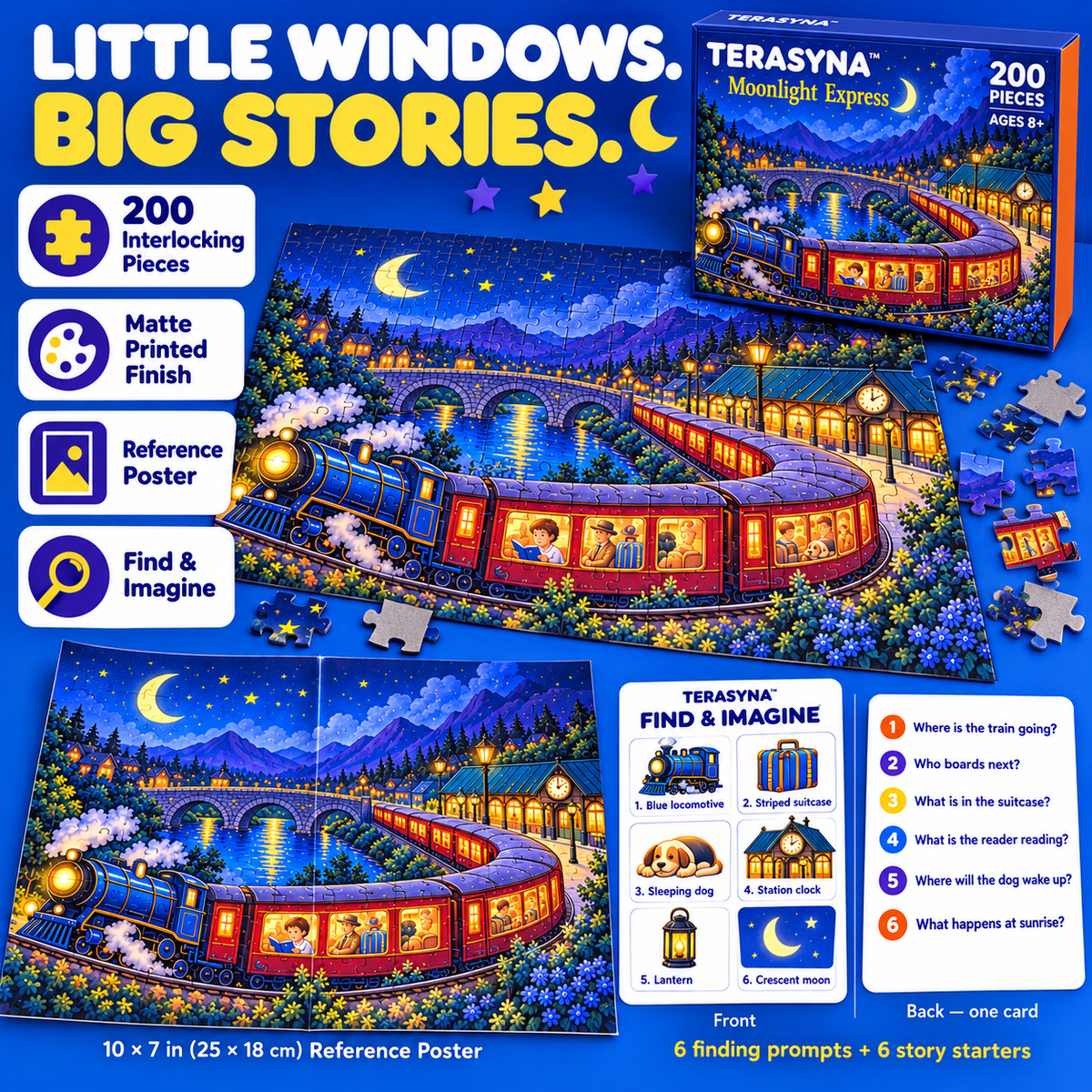 TERASYNA™ Moonlight Express Train Jigsaw Puzzle for Kids — 200 Pieces, Ages 8+, 20" × 14", with Reference Poster, Story Card & Storage Box