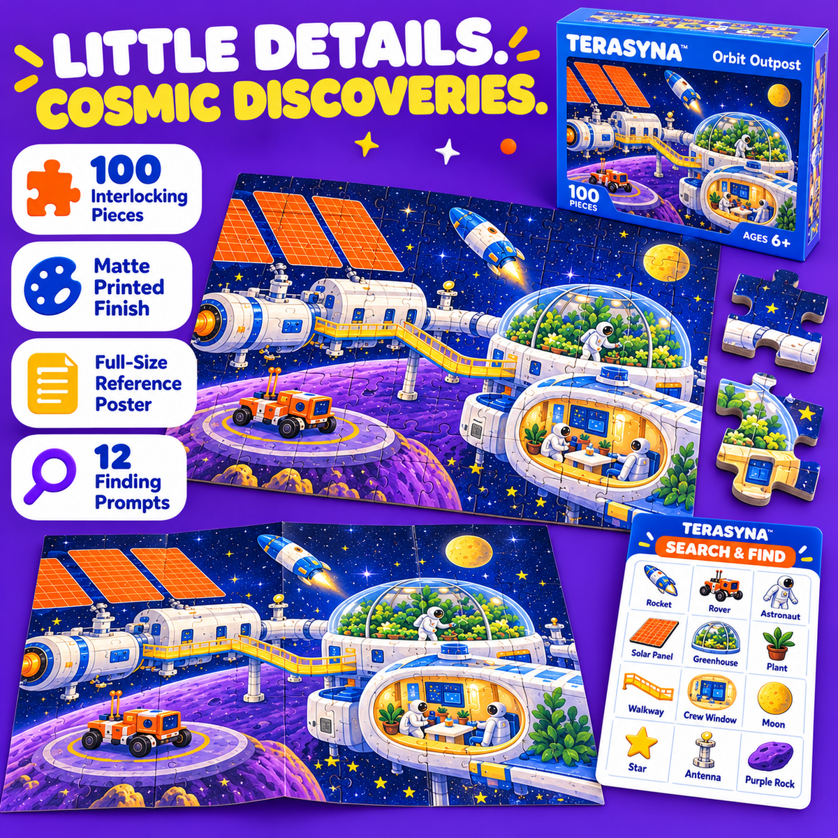 TERASYNA™ Orbit Outpost Space Jigsaw Puzzle for Kids — 100-Piece Rocket & Space Station Puzzle, Ages 6+, 18" × 12", with Poster & Activity Card