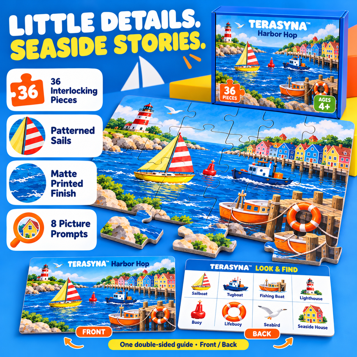 TERASYNA™ Harbor Hop Boat & Seaside Floor Puzzle for Kids — 36 Large Pieces, Ages 4+, 24" × 18" Jigsaw with Picture Guide & Box