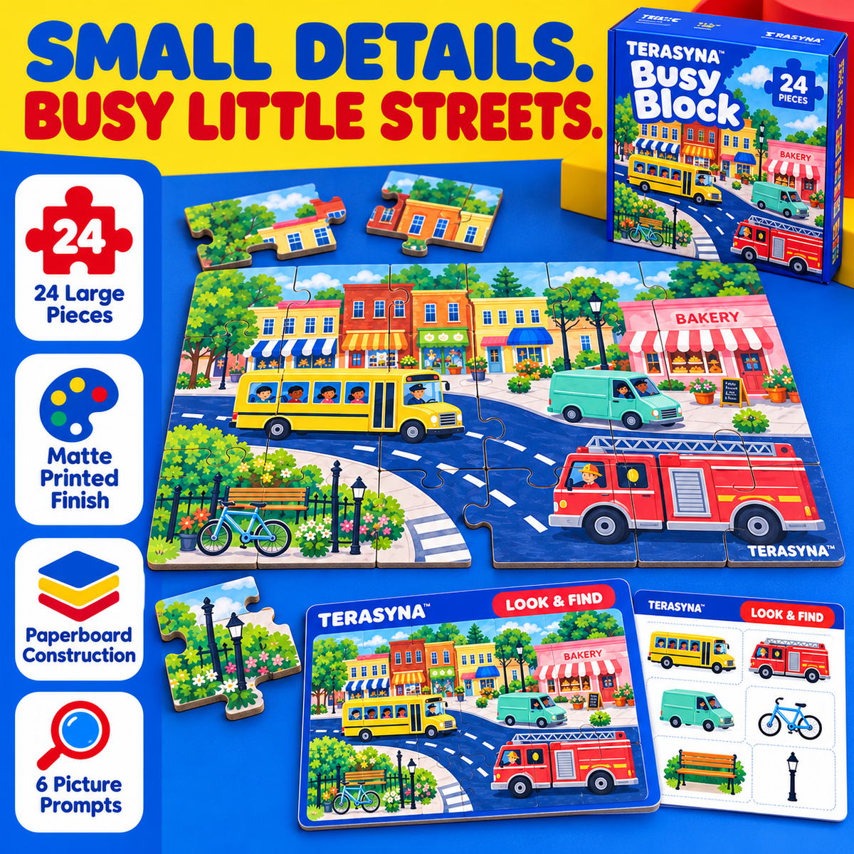 TERASYNA™ Busy Block Kids’ City Floor Puzzle — 24 Large-Piece Vehicle Jigsaw, Ages 4+, 24" × 18", with Picture Guide & Storage Box