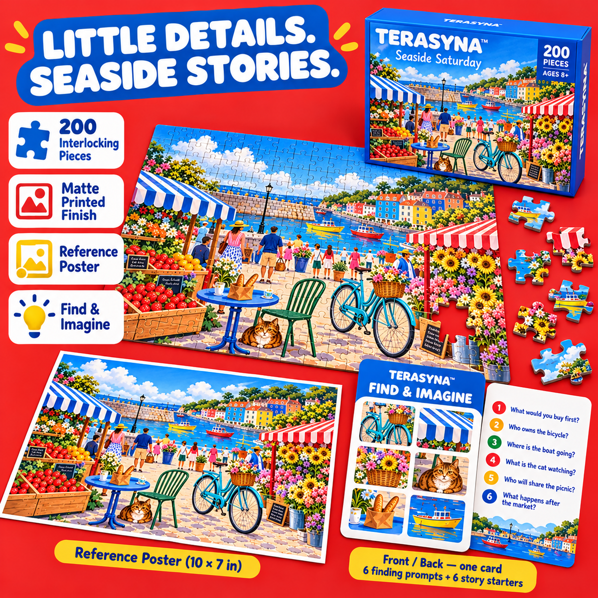 TERASYNA™ Seaside Saturday Market Jigsaw Puzzle for Kids — 200-Piece Coastal Town Puzzle, Ages 8+, 20" × 14", with Poster & Story Card