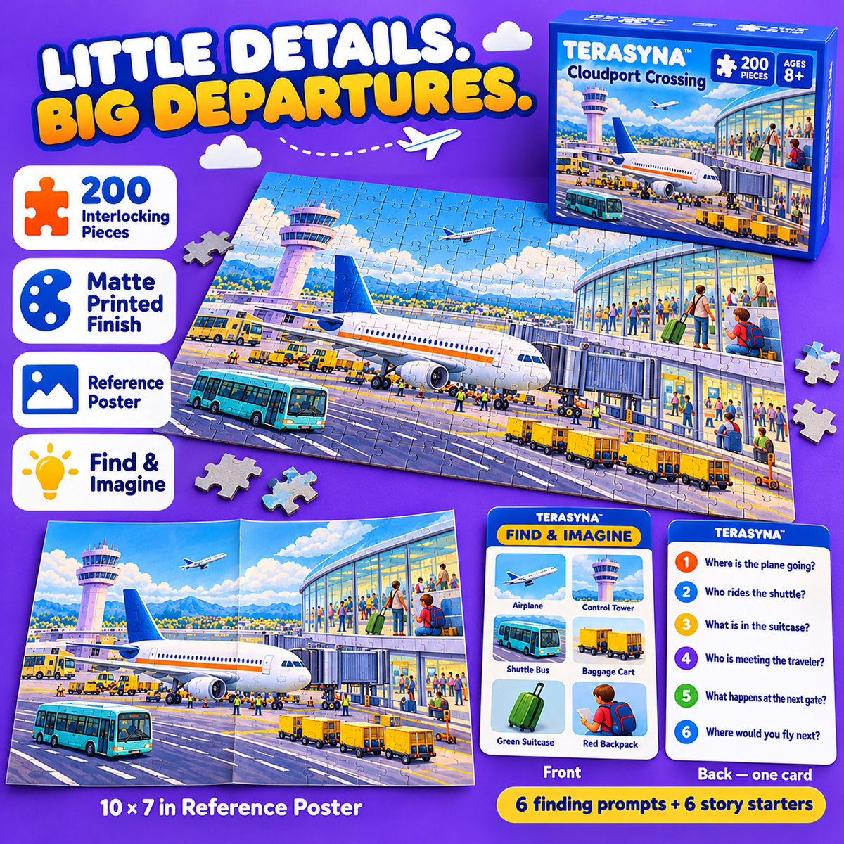 TERASYNA™ Cloudport Crossing Airplane & Airport Puzzle for Kids — 200-Piece Jigsaw, Ages 8+, 20" × 14", with Reference Poster & Story Card