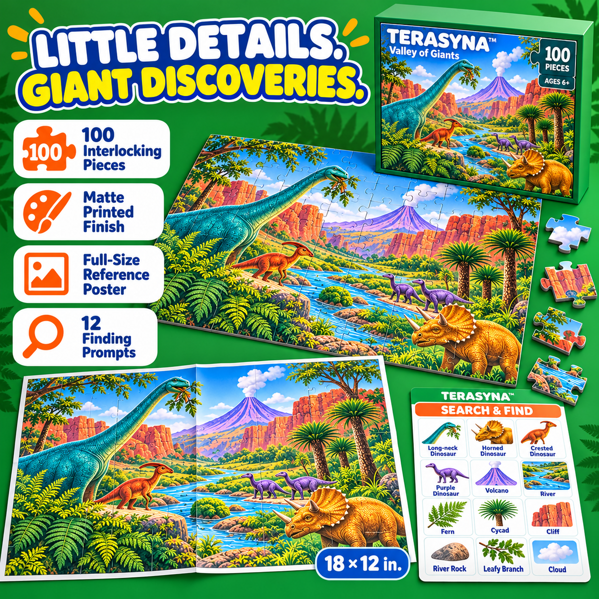 TERASYNA™ Valley of Giants Dinosaur Jigsaw Puzzle for Kids — 100 Pieces, Ages 6+, 18" × 12", with Dinosaur Reference Poster & Search-and-Find Card
