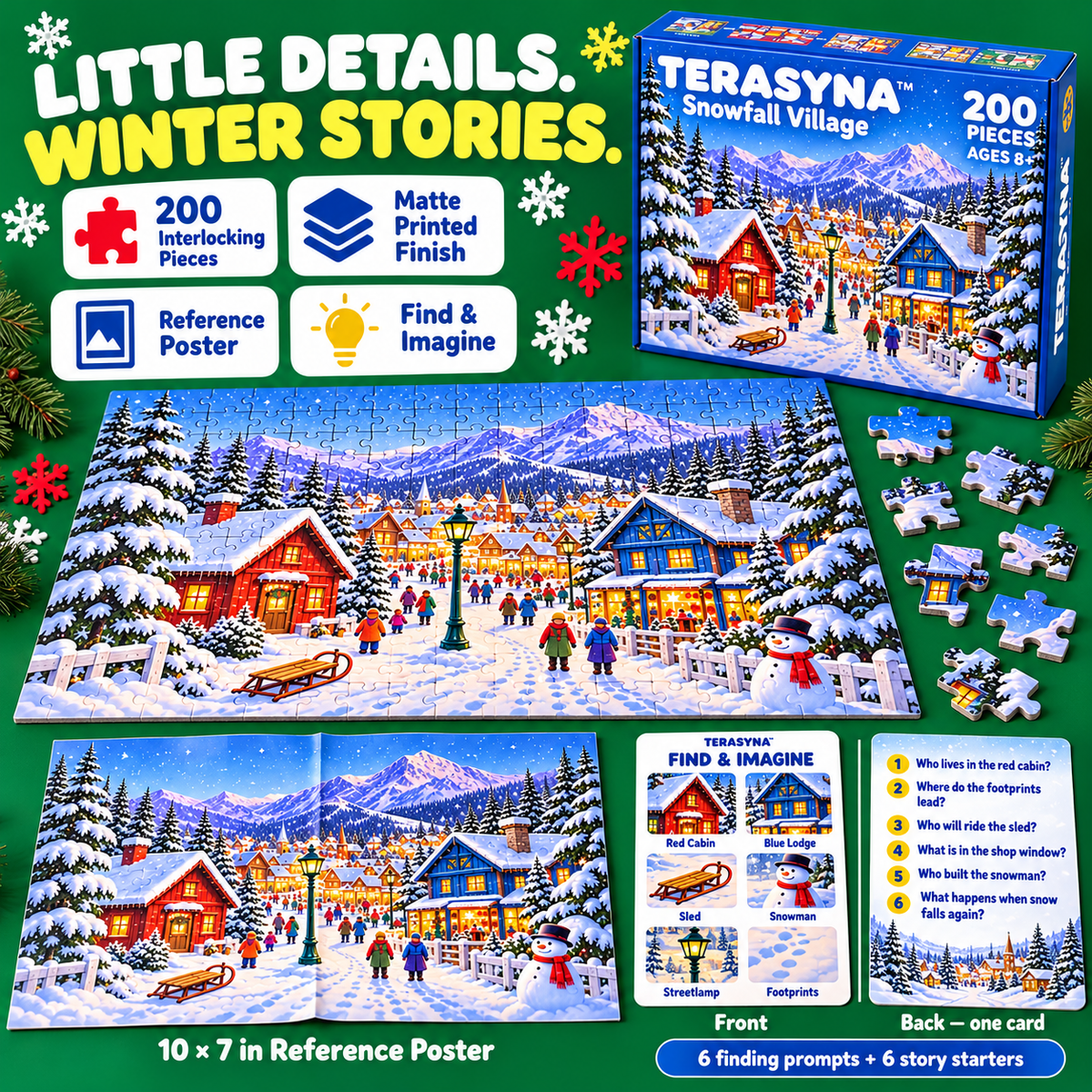 TERASYNA™ Snowfall Village Winter Jigsaw Puzzle for Kids — 200-Piece Mountain Town Puzzle, Ages 8+, 20" × 14", with Reference Poster & Story Card