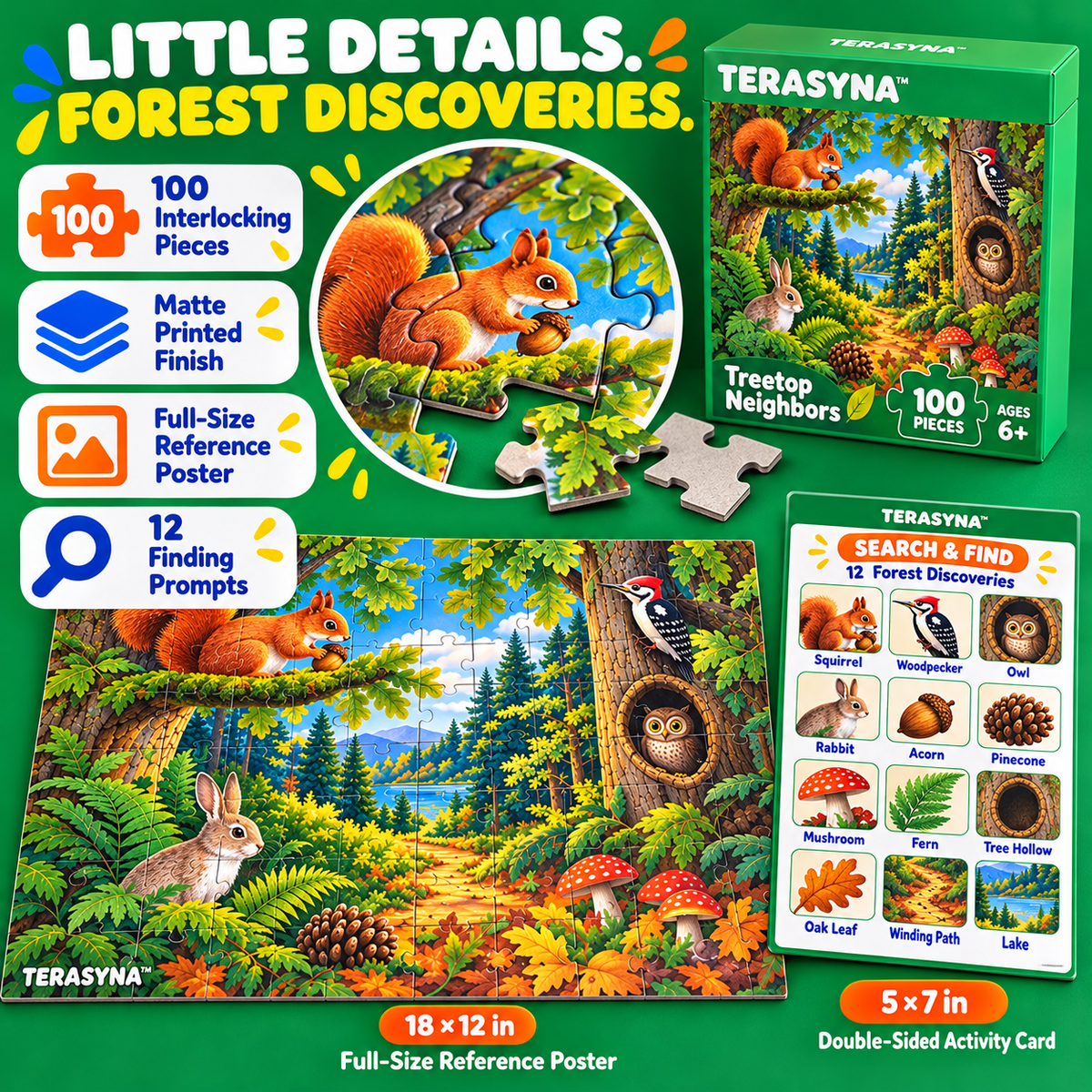 TERASYNA™ Treetop Neighbors Woodland Animal Puzzle for Kids — 100-Piece Forest Jigsaw, Ages 6+, 18" × 12", with Reference Poster & Activity Card
