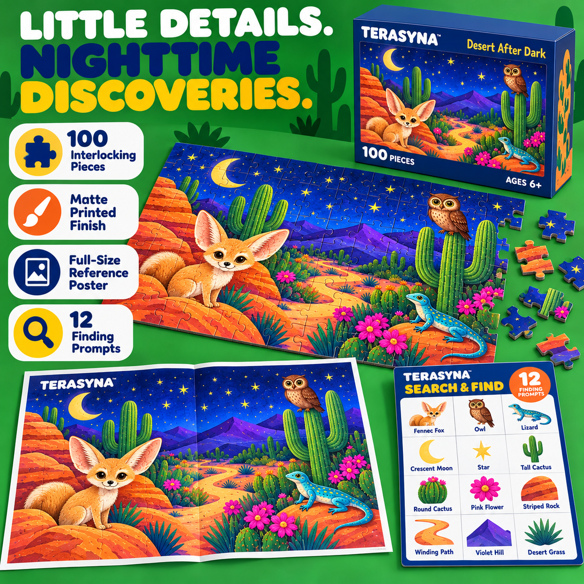 TERASYNA™ Desert After Dark Animal Jigsaw Puzzle for Kids — 100-Piece Night Desert Puzzle, Ages 6+, 18" × 12", with Poster & Search-and-Find Card