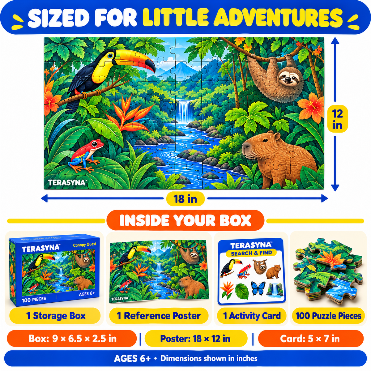 TERASYNA™ Garden Parade Kids’ Floor Jigsaw Puzzle — 24 Large Pieces, Ages 4+, 24" × 18" Garden Animal Puzzle with Reference Sheet & Storage Box