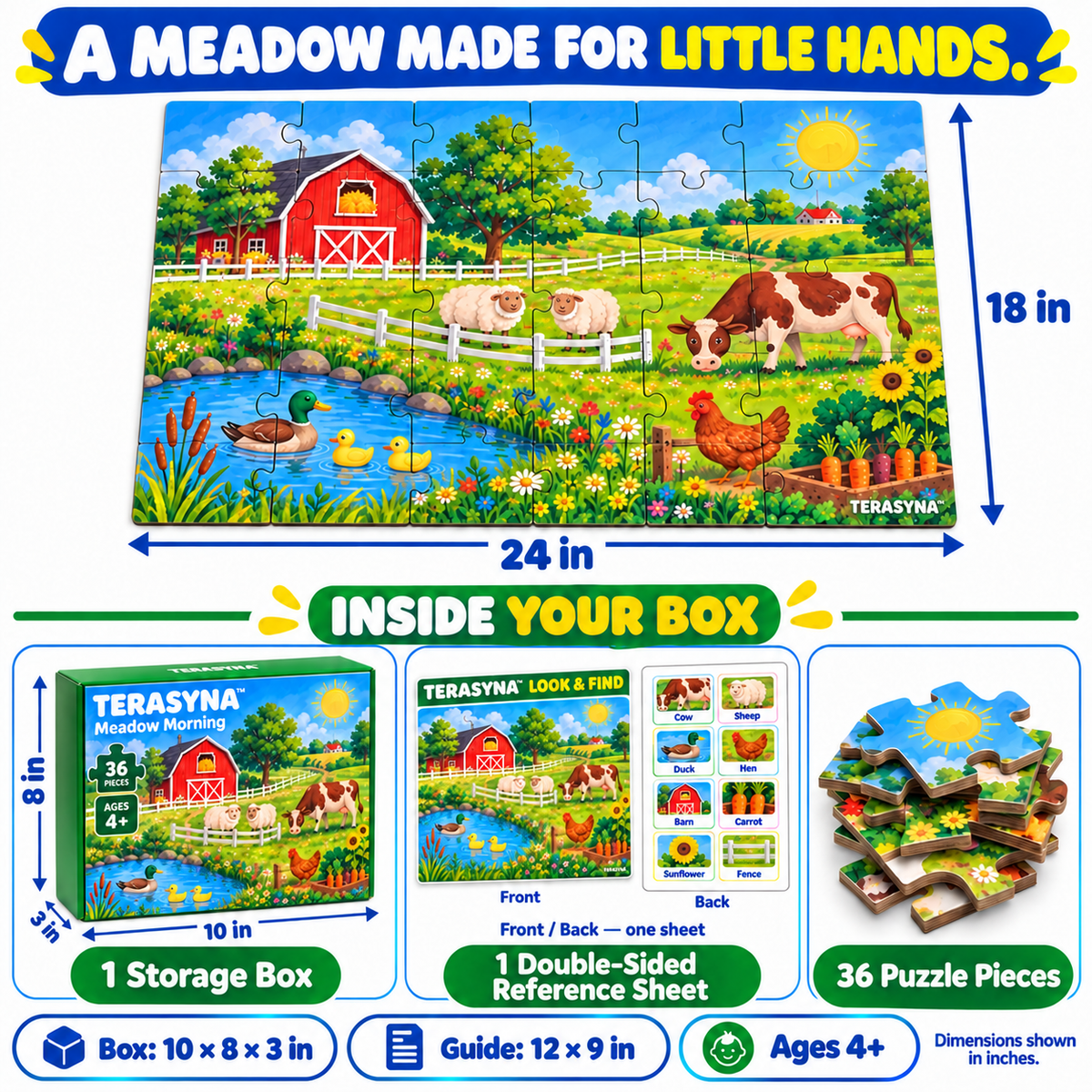TERASYNA™ Meadow Morning Farm Animal Floor Puzzle for Kids — 36-Piece Jigsaw, Ages 4+, 24" × 18", with Reference Sheet & Storage Box