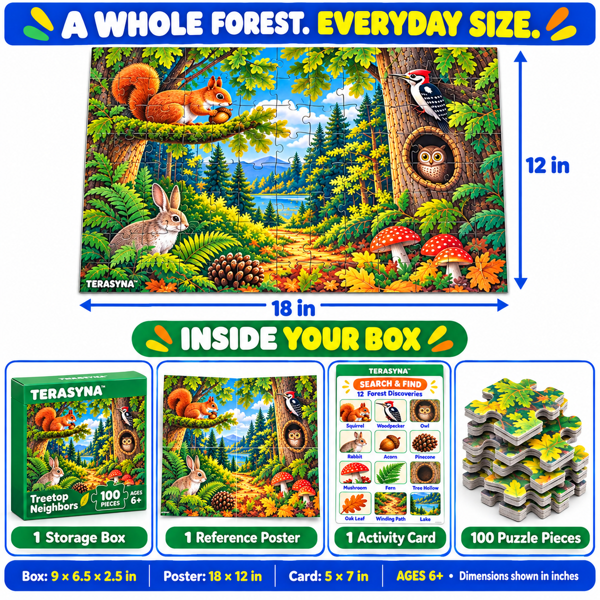 TERASYNA™ Treetop Neighbors Woodland Animal Puzzle for Kids — 100-Piece Forest Jigsaw, Ages 6+, 18" × 12", with Reference Poster & Activity Card