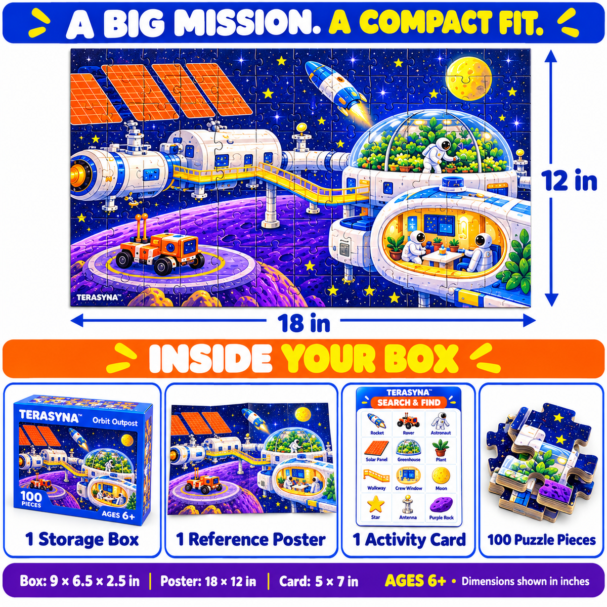 TERASYNA™ Orbit Outpost Space Jigsaw Puzzle for Kids — 100-Piece Rocket & Space Station Puzzle, Ages 6+, 18" × 12", with Poster & Activity Card